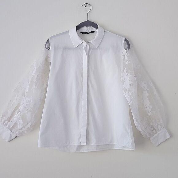 Zara White Organza Appliques Balloon Sleeves Button Down Shirt M (15) - Picture 3 of 10